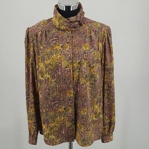 Vintage Andre Sauvage Abstract Geometric Blouse Purple Yellow High Neck Size 14